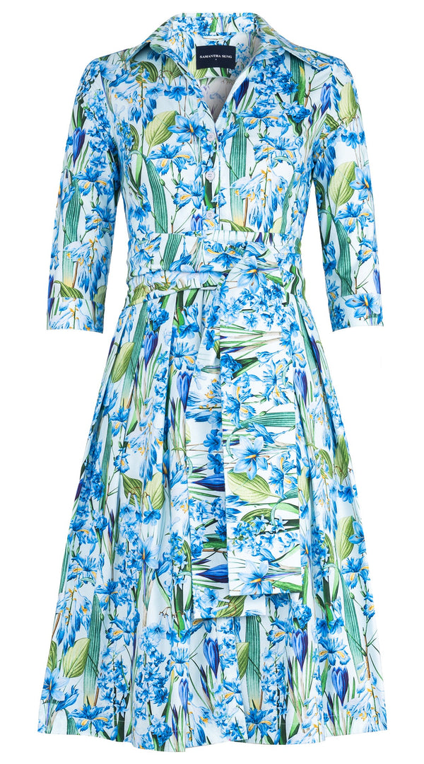 Audrey Dress #4 Shirt Collar 3/4 Sleeve Long Length Cotton Stretch (Crocus Hyacinth Pastel)