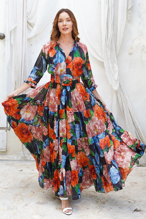 Eva Dress Crew Neck 3/4 Sleeve Maxi Length Cotton Musola (Darby Rose Ground)