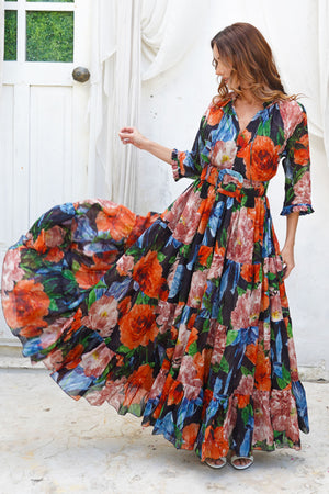 Eva Dress Crew Neck 3/4 Sleeve Maxi Length Cotton Musola (Darby Rose Ground)