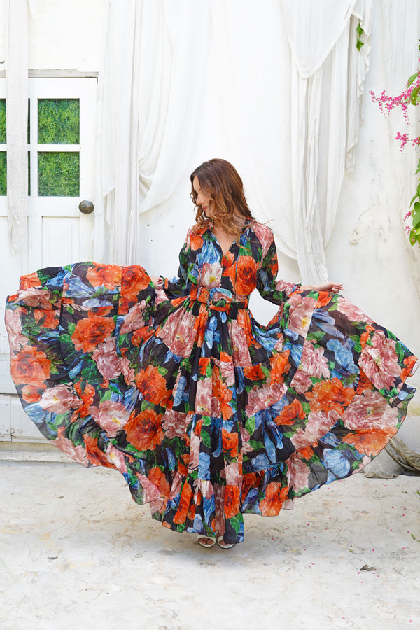 Eva Dress Crew Neck 3/4 Sleeve Maxi Length Cotton Musola (Darby Rose Ground)