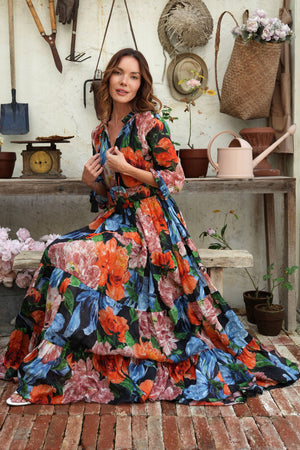 Eva Dress Crew Neck 3/4 Sleeve Maxi Length Cotton Musola (Darby Rose Ground)