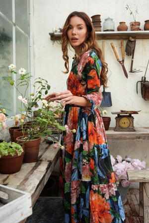 Eva Dress Crew Neck 3/4 Sleeve Maxi Length Cotton Musola (Darby Rose Ground)