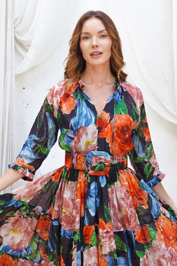 Eva Dress Crew Neck 3/4 Sleeve Maxi Length Cotton Musola (Darby Rose Ground)