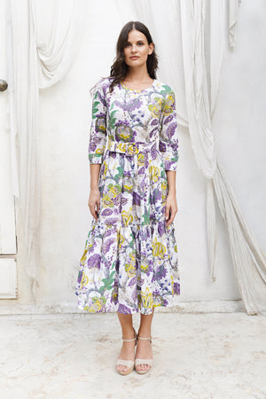 Melanie Dress Crew Neck 3/4 Sleeve Midi Plus Length Cotton Stretch (Darts Hill Garden)