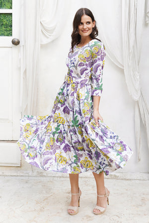 Melanie Dress Crew Neck 3/4 Sleeve Midi Plus Length Cotton Stretch (Darts Hill Garden)