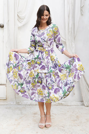 Melanie Dress Crew Neck 3/4 Sleeve Midi Plus Length Cotton Stretch (Darts Hill Garden)
