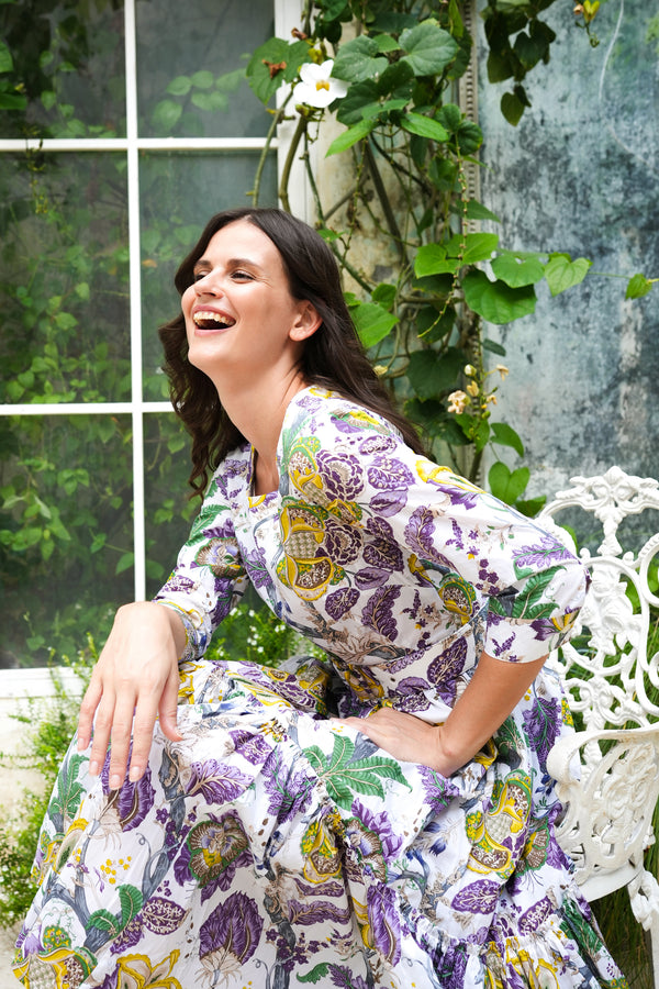 Melanie Dress Crew Neck 3/4 Sleeve Midi Plus Length Cotton Stretch (Darts Hill Garden)