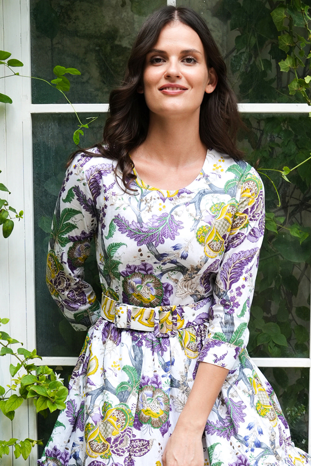 Melanie Dress Crew Neck 3/4 Sleeve Midi Plus Length Cotton Stretch (Darts Hill Garden)
