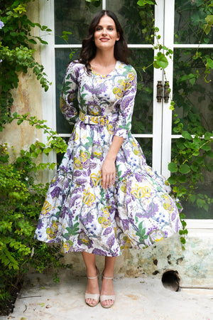 Melanie Dress Crew Neck 3/4 Sleeve Midi Plus Length Cotton Stretch (Darts Hill Garden)