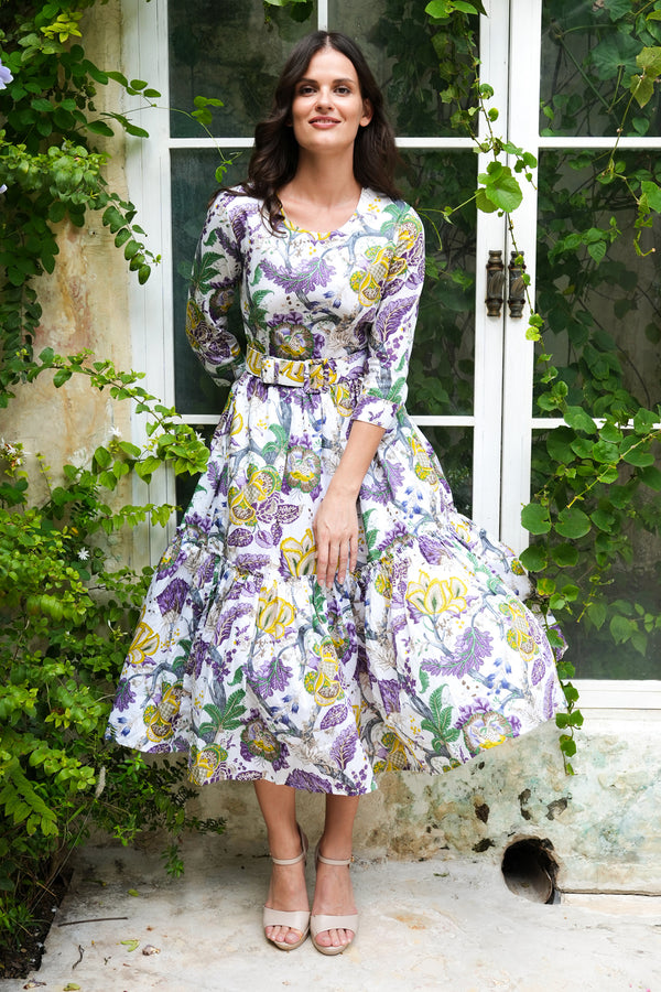 Melanie Dress Crew Neck 3/4 Sleeve Midi Plus Length Cotton Stretch (Darts Hill Garden)