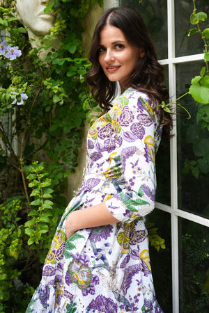 Melanie Dress Crew Neck 3/4 Sleeve Midi Plus Length Cotton Stretch (Darts Hill Garden)
