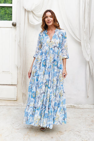 Eden Dress Crew Neck 3/4 Sleeve Maxi Length Cotton Musola (Darts Hill Garden)