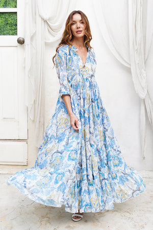 Eden Dress Crew Neck 3/4 Sleeve Maxi Length Cotton Musola (Darts Hill Garden)