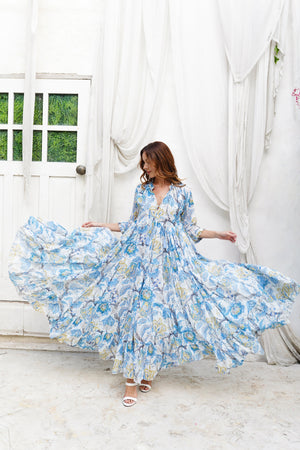 Eden Dress Crew Neck 3/4 Sleeve Maxi Length Cotton Musola (Darts Hill Garden)