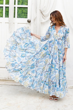 Eden Dress Crew Neck 3/4 Sleeve Maxi Length Cotton Musola (Darts Hill Garden)