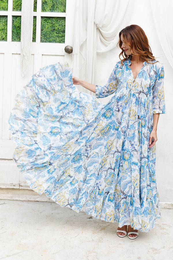Eden Dress Crew Neck 3/4 Sleeve Maxi Length Cotton Musola (Darts Hill Garden)