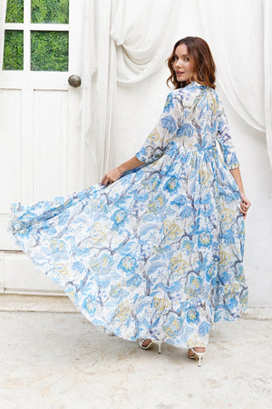 Eden Dress Crew Neck 3/4 Sleeve Maxi Length Cotton Musola (Darts Hill Garden)