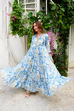 Eden Dress Crew Neck 3/4 Sleeve Maxi Length Cotton Musola (Darts Hill Garden)