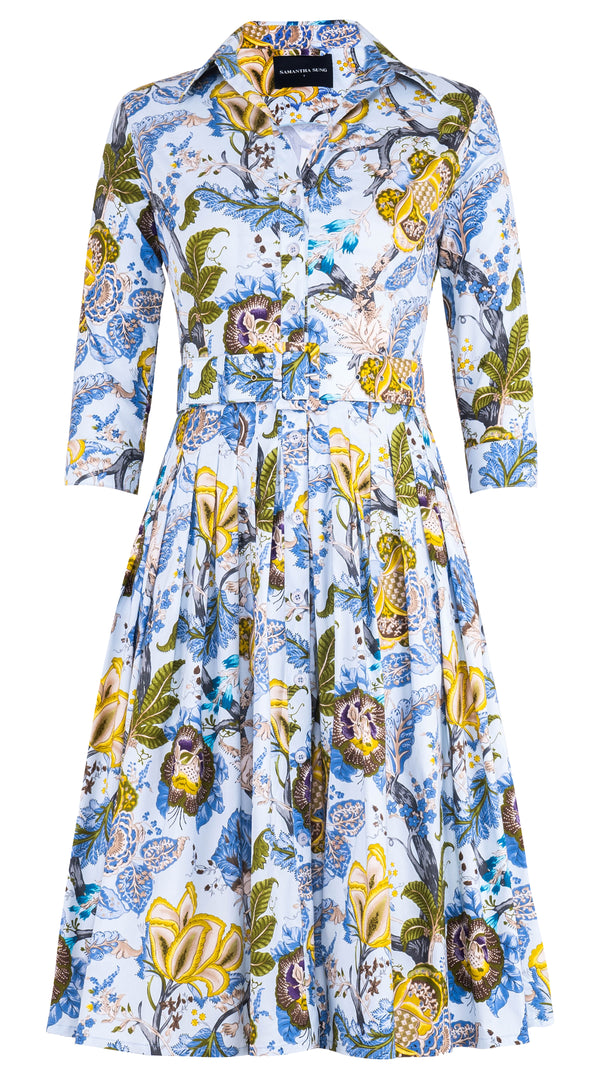 Audrey Dress #2 Shirt Collar 3/4 Sleeve Long Length Cotton Stretch (Darts Hill Garden)