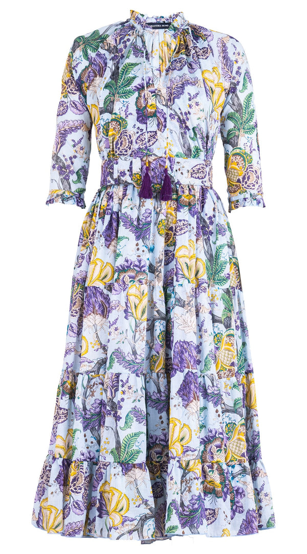 Eva Dress Crew Neck 3/4 Sleeve Midi Length Cotton Musola (Darts Hill Garden)