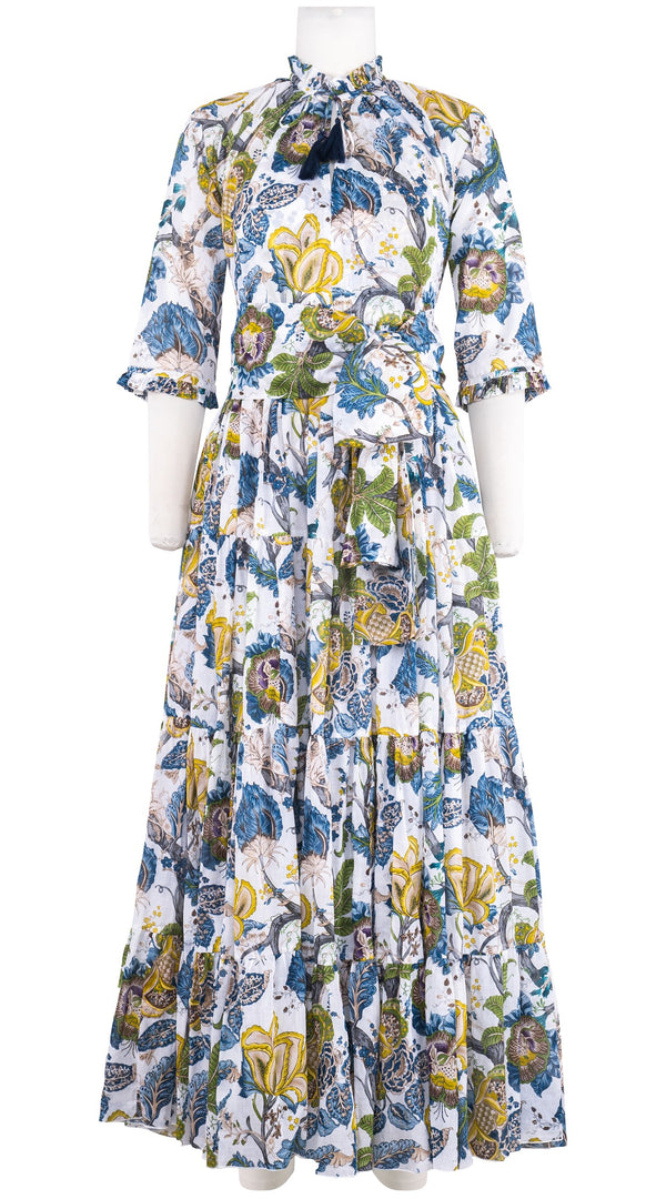 Eva Dress Crew Neck 3/4 Sleeve Maxi Length Cotton Musola (Darts Hill Garden)