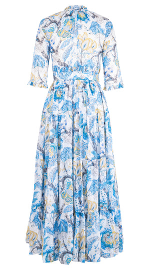 Eden Dress Crew Neck 3/4 Sleeve with Hamilton Belt Maxi Length Cotton Musola (Darts Hill Garden)