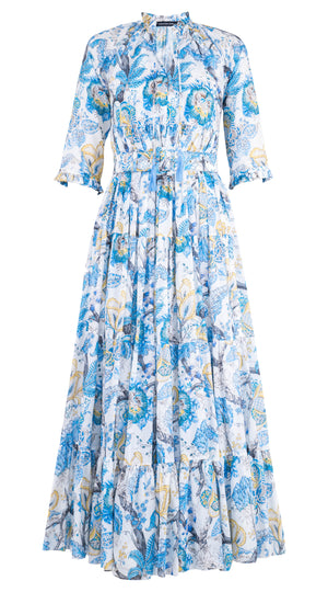 Eden Dress Crew Neck 3/4 Sleeve with Hamilton Belt Maxi Length Cotton Musola (Darts Hill Garden)