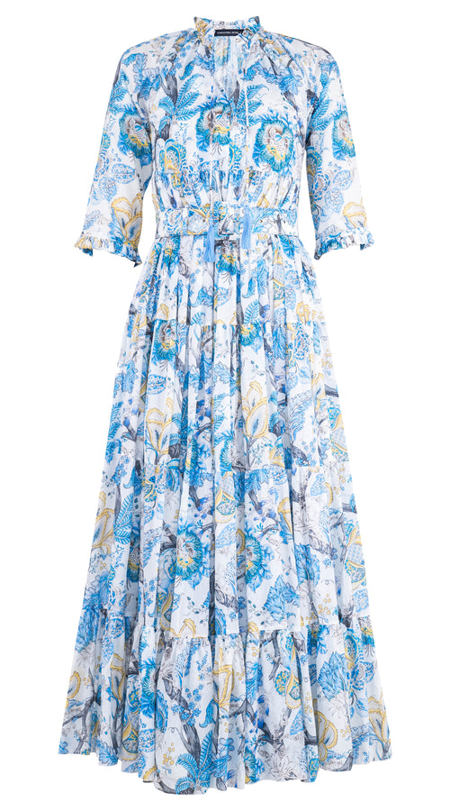Eden Dress Crew Neck 3/4 Sleeve with Hamilton Belt Maxi Length Cotton Musola (Darts Hill Garden)