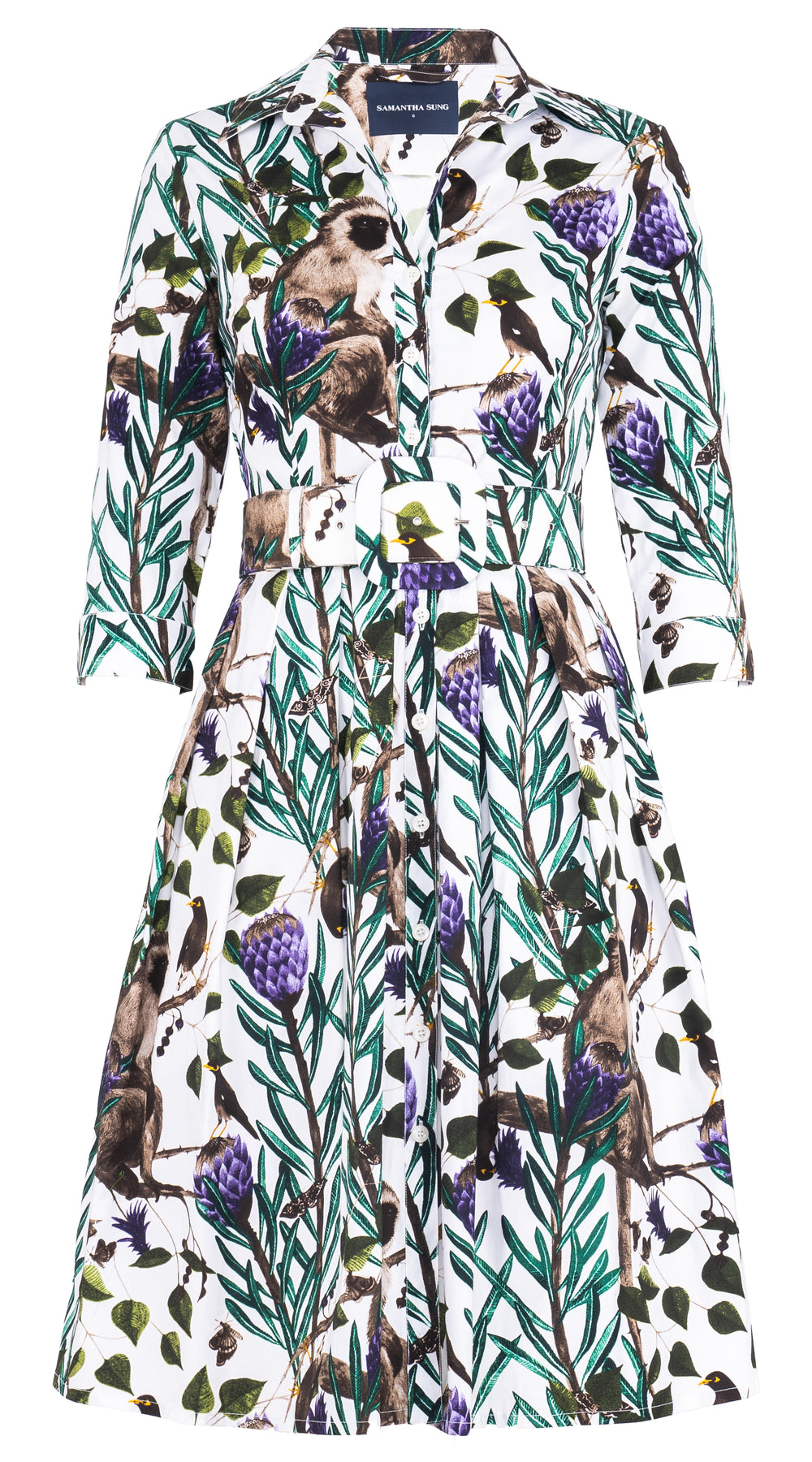 Audrey Dress #1 Shirt Collar 3/4 Sleeve Long Length Cotton Stretch (EASTERN MONKEY WHITE) @2