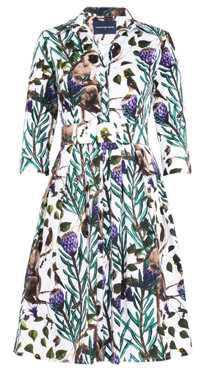 Audrey Dress #1 Shirt Collar 3/4 Sleeve Long Length Cotton Stretch (EASTERN MONKEY WHITE) @1