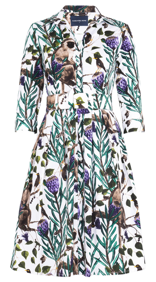 Audrey Dress #1 Shirt Collar 3/4 Sleeve Long Length Cotton Stretch (EASTERN MONKEY WHITE) @1