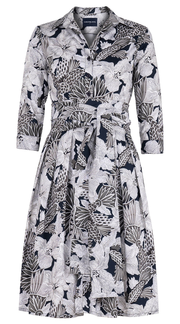 Audrey Dress #1 Shirt Collar 3/4 Sleeve Regular Length Cotton Stretch (Eching Magnolia)