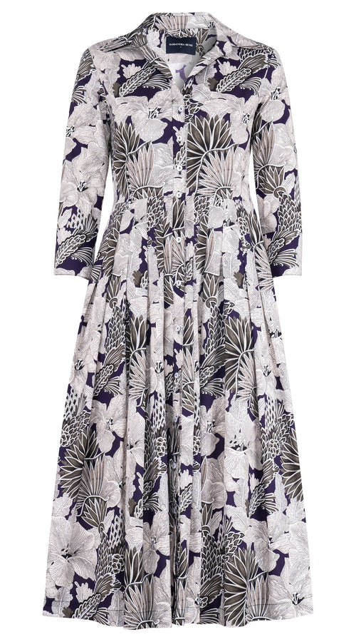 Audrey Dress #2 Shirt Collar 3/4 Sleeve Long Length Cotton Stretch (Eching Magnolia)