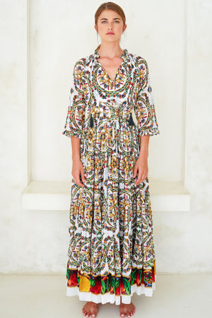 Eden Dress Crew Neck 3/4 Sleeve with Hamilton Belt Maxi Length Cotton Musola (Santorini Tile)