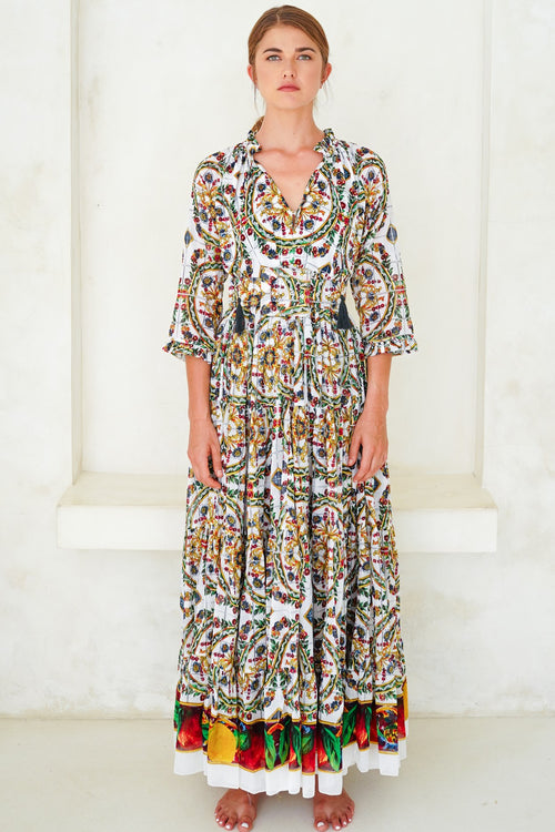 Eden Dress Crew Neck 3/4 Sleeve with Hamilton Belt Maxi Length Cotton Musola (Santorini Tile)