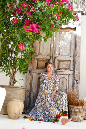 Eden Dress Crew Neck 3/4 Sleeve with Hamilton Belt Maxi Length Cotton Musola (Santorini Tile)