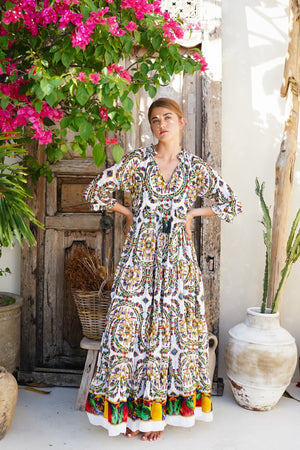 Eden Dress Crew Neck 3/4 Sleeve with Hamilton Belt Maxi Length Cotton Musola (Santorini Tile)