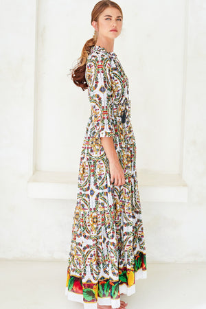 Eden Dress Crew Neck 3/4 Sleeve with Hamilton Belt Maxi Length Cotton Musola (Santorini Tile)