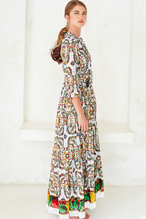 Eden Dress Crew Neck 3/4 Sleeve with Hamilton Belt Maxi Length Cotton Musola (Santorini Tile)
