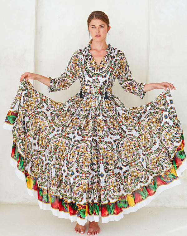 Eden Dress Crew Neck 3/4 Sleeve with Hamilton Belt Maxi Length Cotton Musola (Santorini Tile)