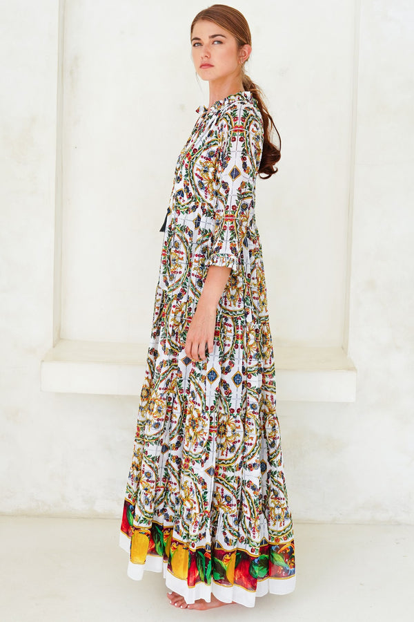 Eden Dress Crew Neck 3/4 Sleeve with Hamilton Belt Maxi Length Cotton Musola (Santorini Tile)