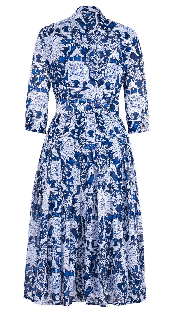 Audrey Dress #4 Shirt Collar 3/4 Sleeve Midi Plus Length Cotton Musola (Elephant Bandana)