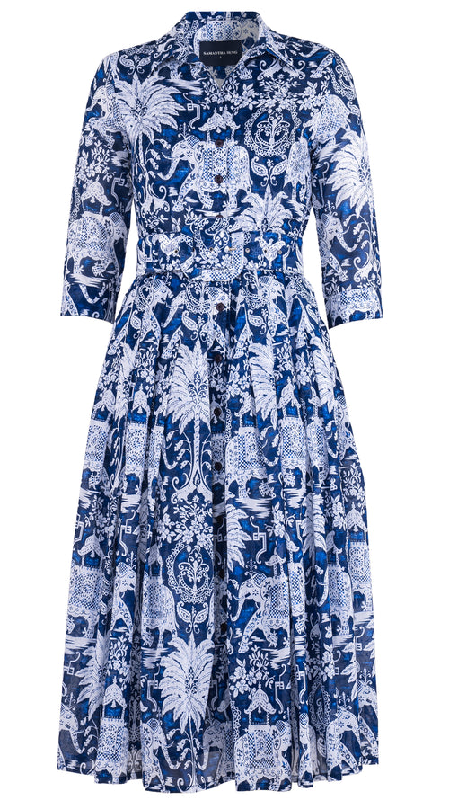Audrey Dress #4 Shirt Collar 3/4 Sleeve Midi Plus Length Cotton Musola (Elephant Bandana)