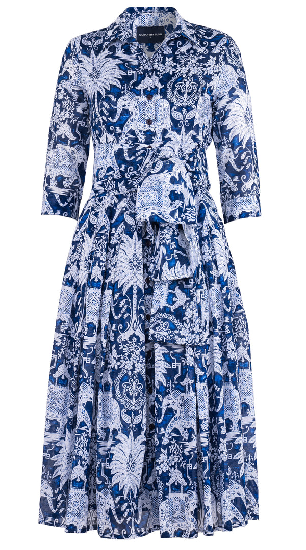 Audrey Dress #4 Shirt Collar 3/4 Sleeve Midi Plus Length Cotton Musola (Elephant Bandana)