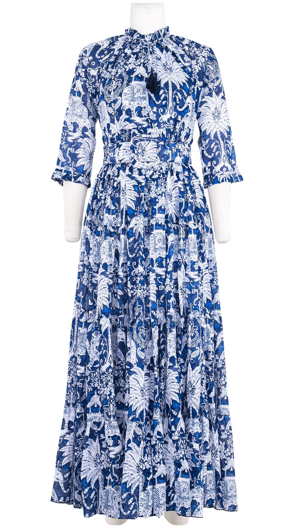 Eden Dress Crew Neck 3/4 Sleeve Maxi Length Cotton Musola (Elephant Bandana)