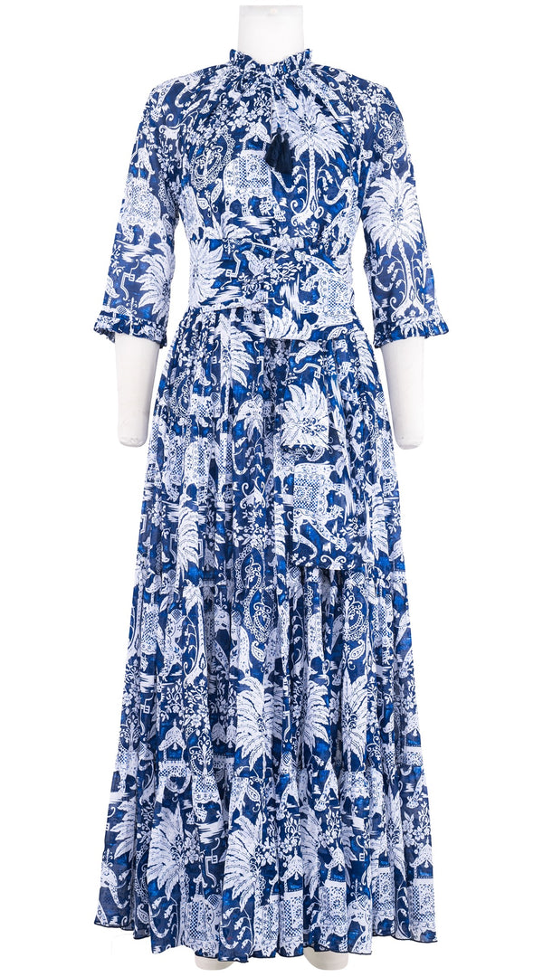 Eden Dress Crew Neck 3/4 Sleeve Maxi Length Cotton Musola (Elephant Bandana)
