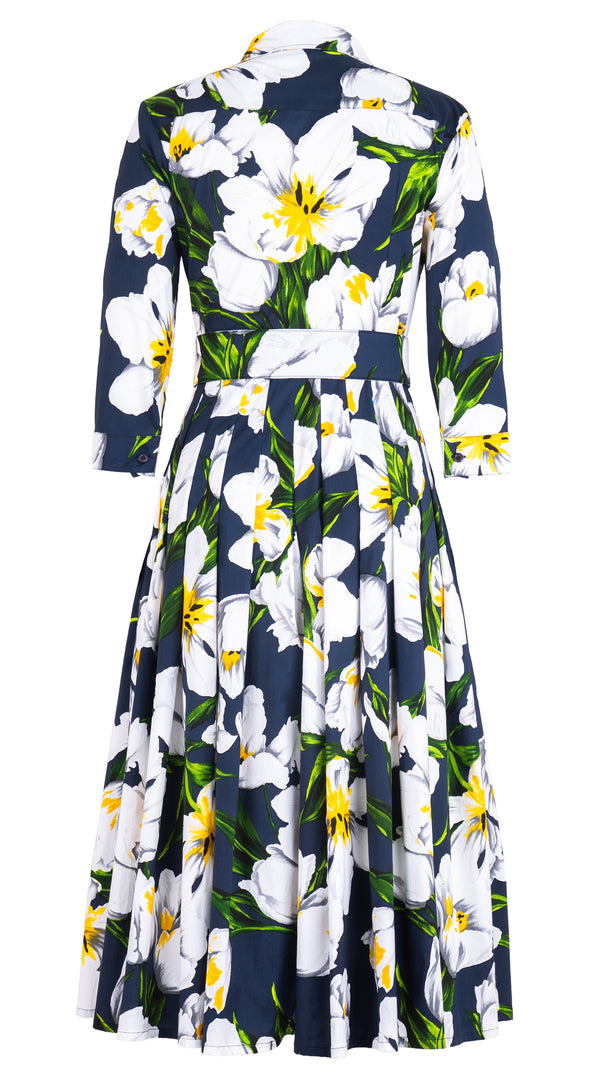 Audrey Dress #4 Shirt Collar 3/4 Sleeve Midi Length Cotton Stretch (Emperor Tulip Bright) @1