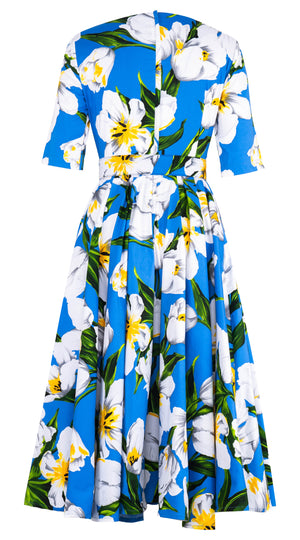 Abelia Dress V Neck 1/2 Sleeve Midi Length Cotton Stretch (Emperor Tulip Bright)