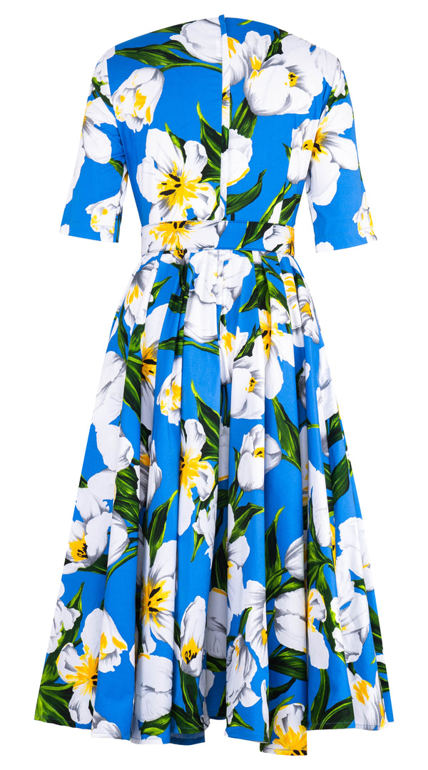 Abelia Dress V Neck 1/2 Sleeve Midi Length Cotton Stretch (Emperor Tulip Bright)