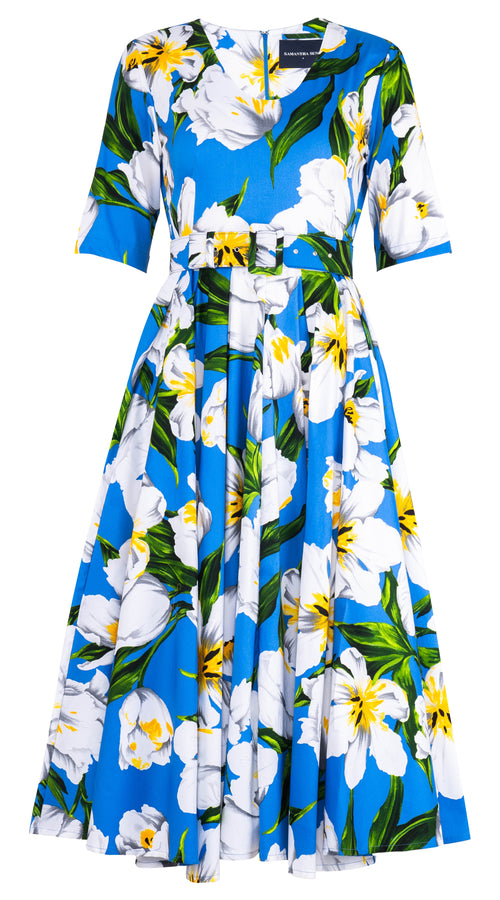Abelia Dress V Neck 1/2 Sleeve Midi Length Cotton Stretch (Emperor Tulip Bright)